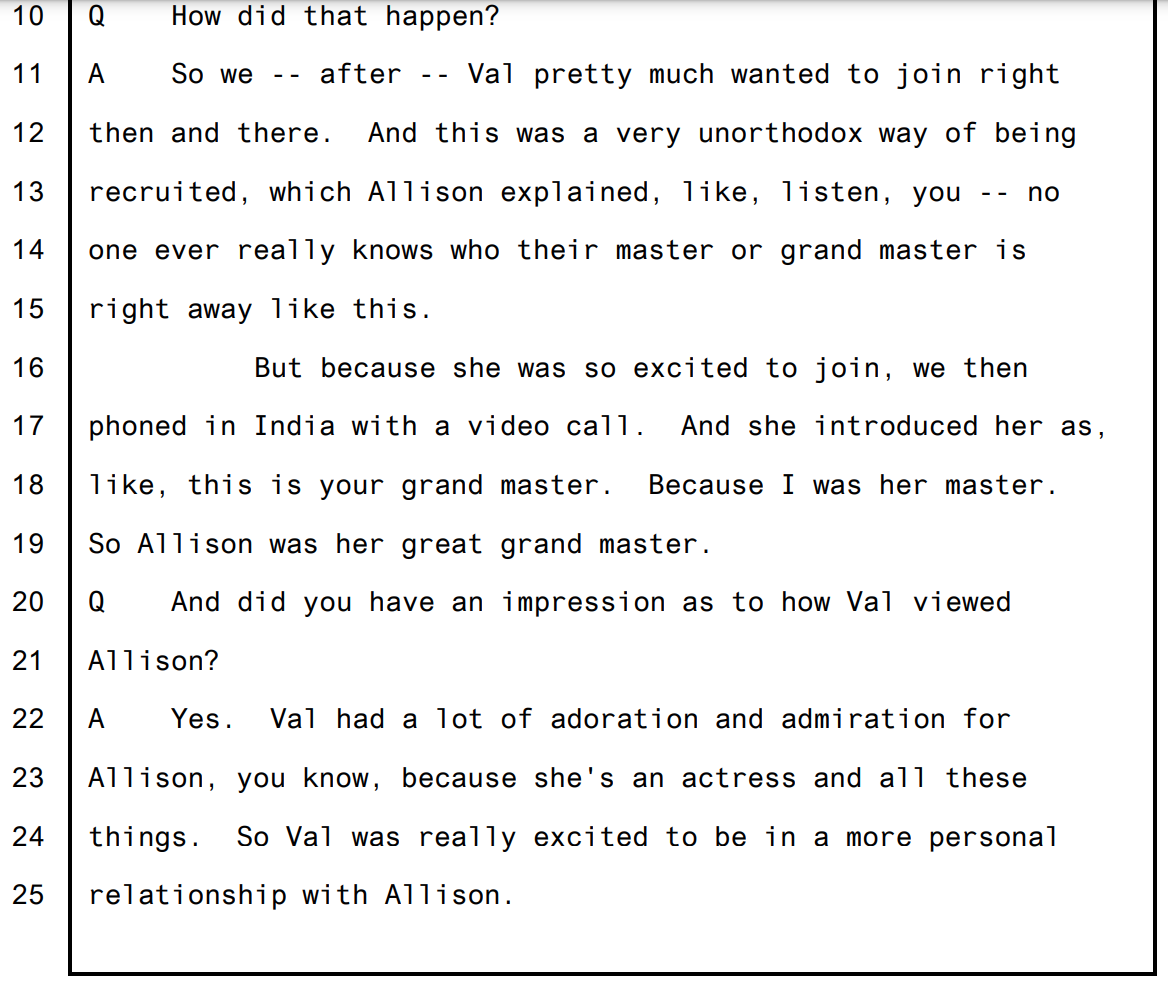 Trial transcript excerpt. Jay describes Val wanting to join 'right then and there' and being 'really excited to be in a more personal relationship with Allison.'