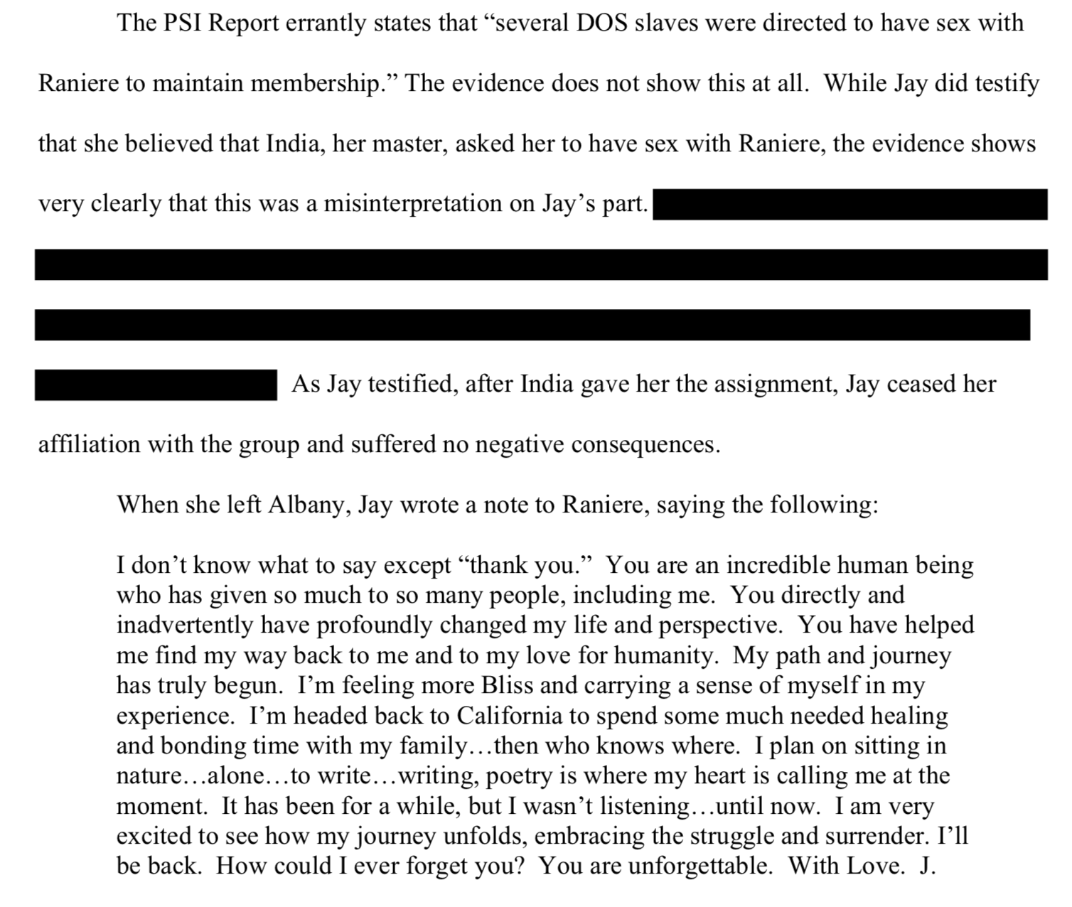 Excerpt from the Defense Sentencing Memorandum, Dkt. 925, page 43. The defense quotes Jay's own trial testimony: 'as Jay testified, after India gave her the assignment, Jay ceased her affiliation with the group and suffered no negative consequences,' and reproduces the full text of the farewell note Jay wrote to Raniere when she left.